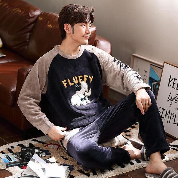 

winter male thickening flannel coral fleece youth warm housewear cartoon pajamas set1, Black;brown