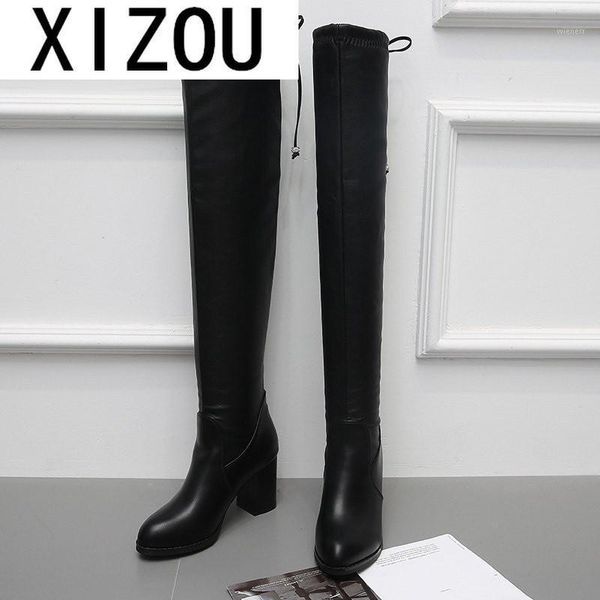 

2020 new winter women's fashion slip-on square-heel over-the-knee boots round-toe high-heeled pu women's boots zapatos de mujer1, Black