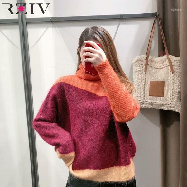 

rziv autumn and winter women's sweater casual color matching turtleneck long-sleeved loose sweater1, White;black