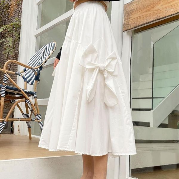 

2021 autumn patchwork white a-line skirt womens elegant skirts korean fashion chic bow elastic high waist female midi skirt1, Black