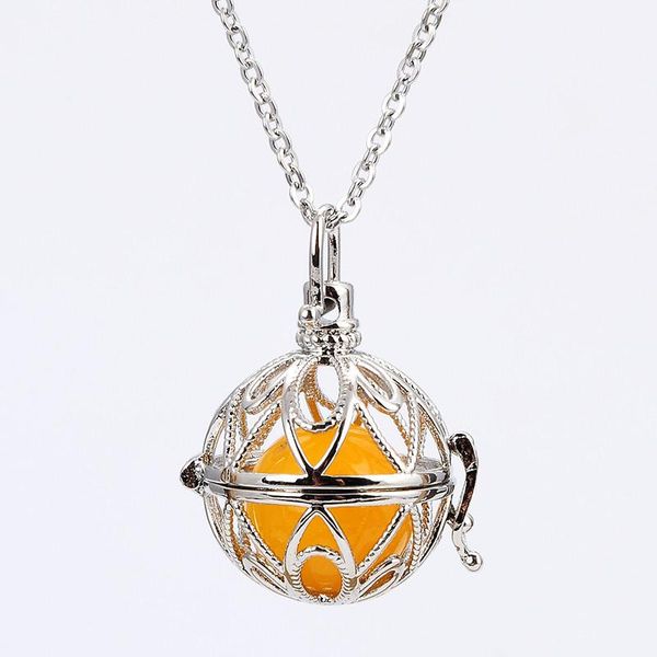 

fashion egg hollow cage copper with 16mm pink cystal yellow stone pendant necklace locket for women reiki healing jewelry, Silver