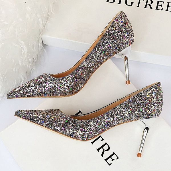 

rhinestone women shoes high heels pointed women shoes pumps women heels bling bridal wedding shoes ladies plus size 42 43 y200323, Black