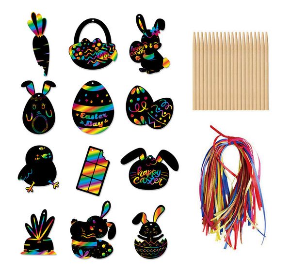 Scratch Paper Art Set Pasqua Nero Scratch it Off Paper Artigianato Note Tavoli da disegno Foglio con stilo in legno e corda per appendere ZZC3953