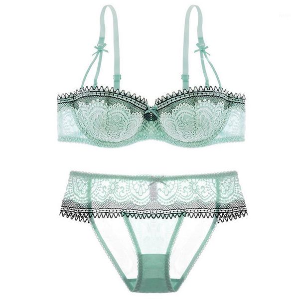 

vgplay 1/2 cup fashion mint green women bra set thin cup bow hollow floral underwear and panty push up plunge lingerie1, Red;black