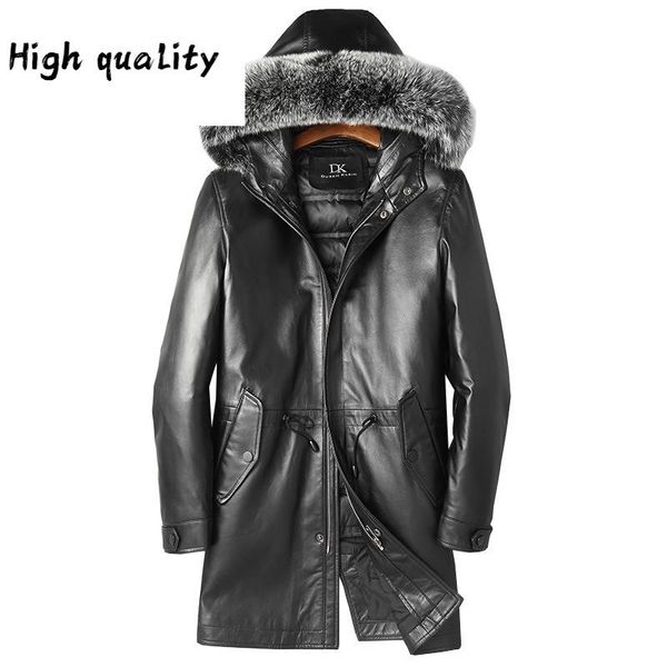 

genuine sheepskin men's leather winter duck down jacket men fur collar hooded long coat 91z1901 yy289, Black