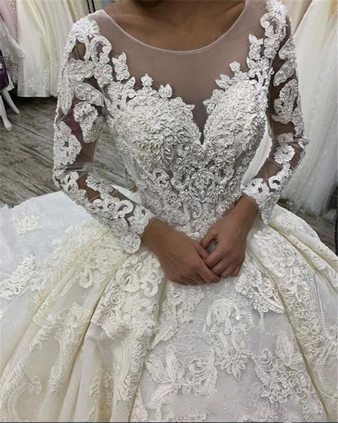 

2021 luxury lace ball gown wedding dresses sheer long sleeves princess illusion lace applique bridal gowns plus size robe de mariage, White