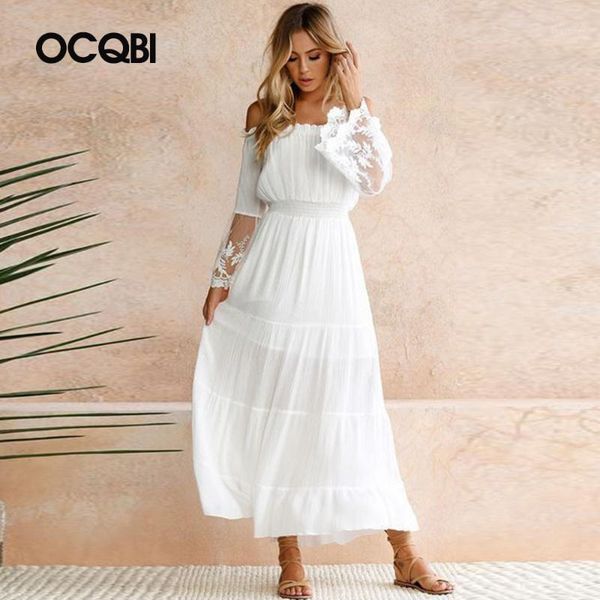 

fashion slash neck lace women dress elegant flare sleeve party ankle-length women dresses solid white vintage vestidos1, Black;gray