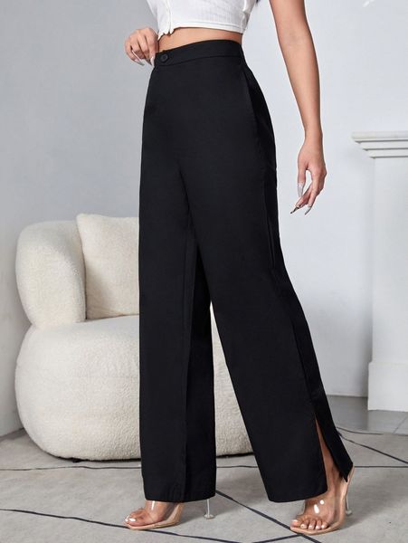 

high waist split hem wide leg pants w5v4#, Black;white