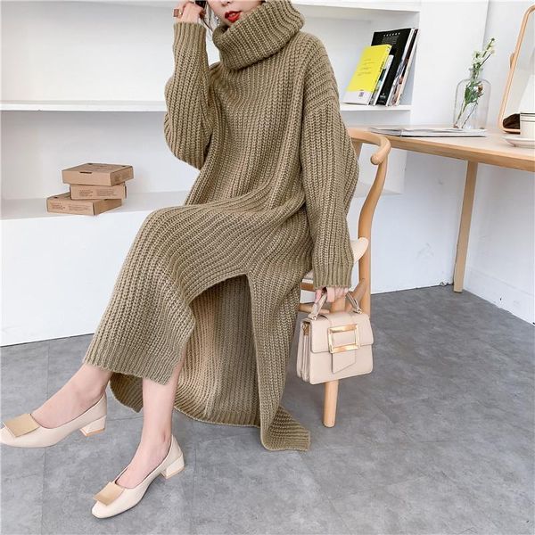 

casual dresses mohair autumn winter thick long sweater dress women side slit turtleneck low-high design over knee plus size knitted, Black;gray