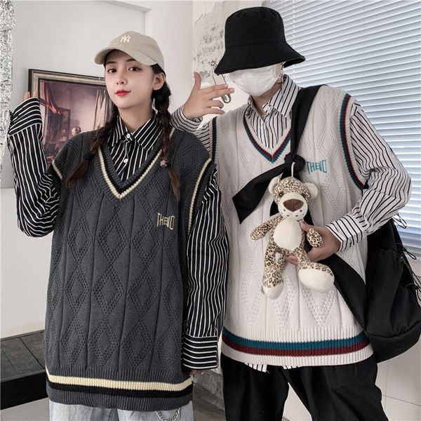 

coed v-neck cotton sweater vest sleeveless patchwork autumn spring warm spacious clothes knitted fashion casual male coats pull 201203, White;black
