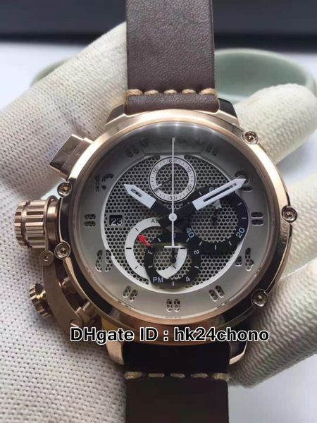 

new left handed 50mm u51 u-51 skeleton dial quartz chronograph mens watch chimera 7474 rose gold case leather strap gents sport watches, Slivery;brown