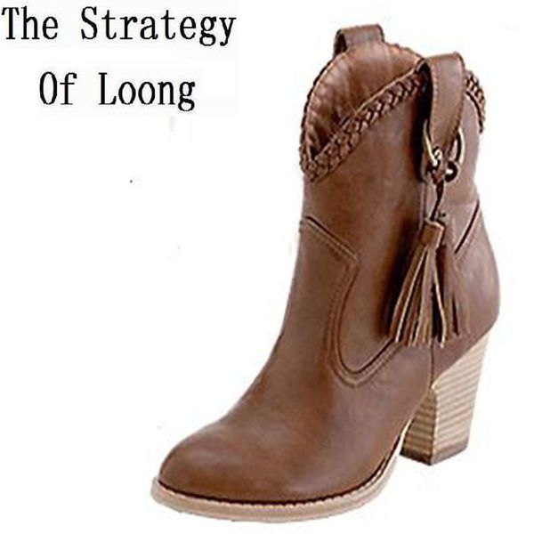 

thick high heel tassel buckle pointed toe women winter ankle boots lady fashion fringe short boots plus size 34-43 sxq09161, Black