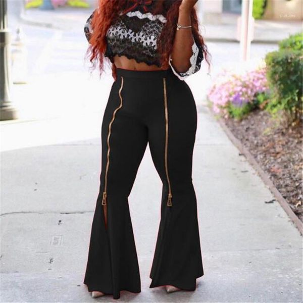 

fashion women's zipper split trousers bell-bottomed wide leg pants solid color high waist casual trousers elegant pants1, Black;white