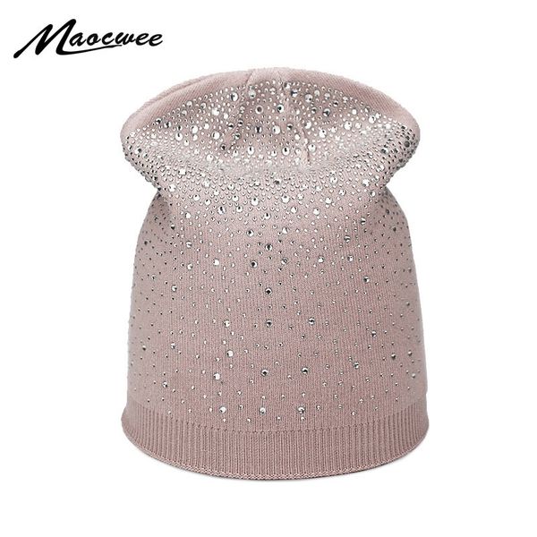 

female winter beanie hats knitted caps women flashing rhinestone bonnet for girl skullies hat touca feminina inverno new y201024, Blue;gray