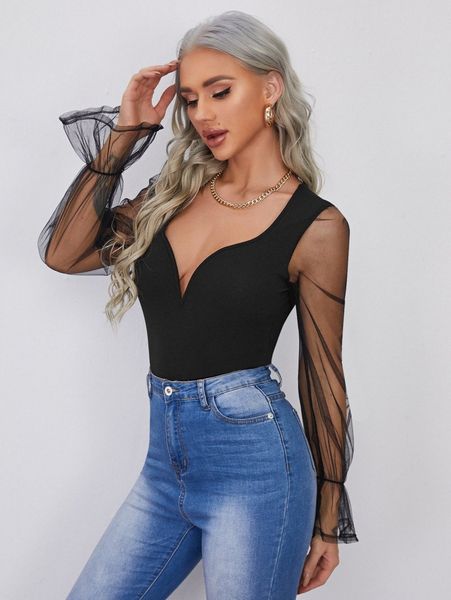 

sweetheart neck mesh flounce sleeve y3bg#, White