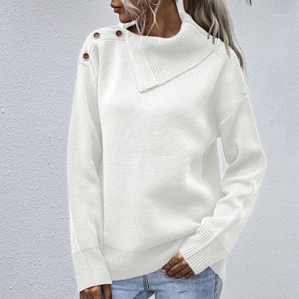 

autumn winter women knitted fashion sweater solid color button high collar long sleeves socket sweater pullover jumper 1, White;black