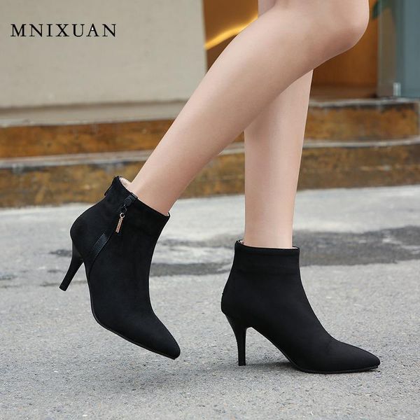 

boots mnixuan ladies red bride shoes 2021 suede pointed toe winter women ankle short plush black thin high heels big size10