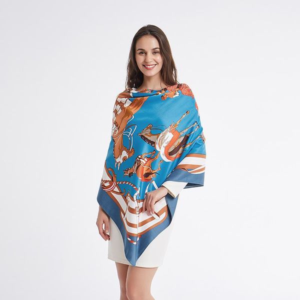

5 styles 130cm square scarves racecourse scene pattern bandanna kerchief neckerchief turban silk feeling, Blue;gray
