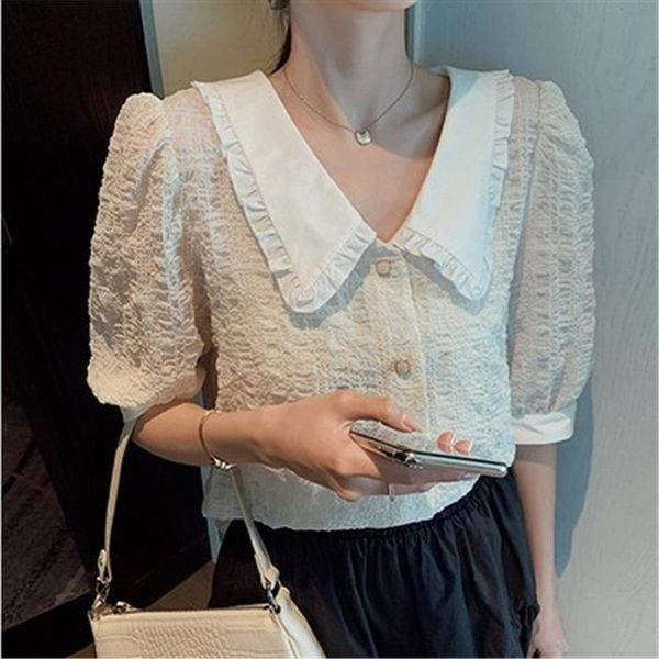 

womens doll collar blouses solid chiffon blouse office shirt blusas mujer de moda 2020 elbow sleeve women shirts clothes, White