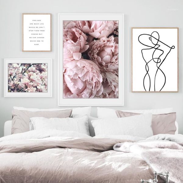 

paintings pink flower rose peony lovers curve quote wall art canvas painting nordic posters and prints pictures for living room decor1