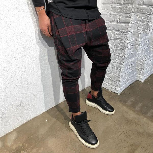 

elastic waist harem pants men autumn men pants plaid casual long plus size loose hip-hop trousers men's clothing spring, Black