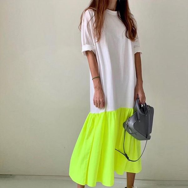 

oversize patchwork loose long dress women o neck half sleeve shirt dresses female 2020 summer new fluorescent pink vestidos, Black;gray