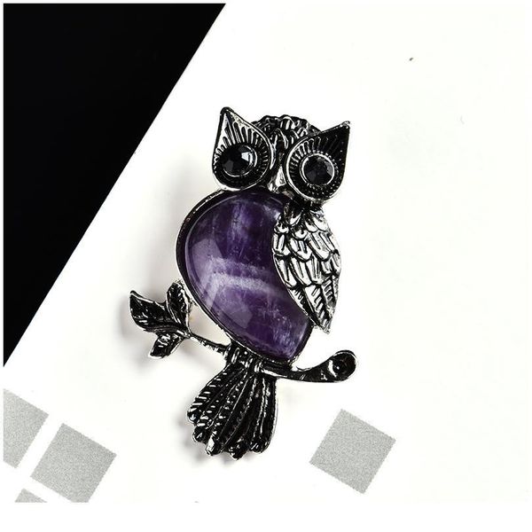 

1pc natural crystal stone jewelry couple decoration amethyst owl brooch holiday fashion gift decoration accessorie qylauc, Black