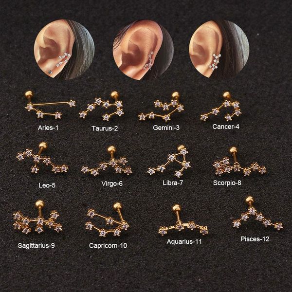 

stud twelve constellations cartilage earring tragus piercing barbell, Golden;silver
