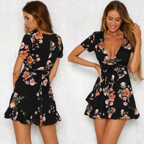

summer womens short sleeve floral printed boho floral wrap frill beach short mini dress sundress, Black;gray