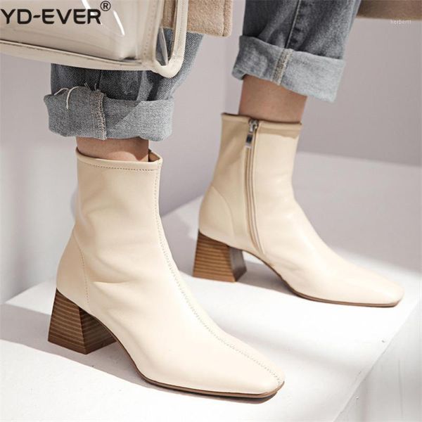 

boots autumn sheepskin ankle women natural genuine leather block high heel short winter zip square toe shoes lady1, Black