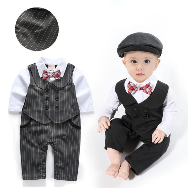 

4-piece set ins style children's clothing baby jumpsuit autumn romper gentleman bowknot baby romper hat, Blue