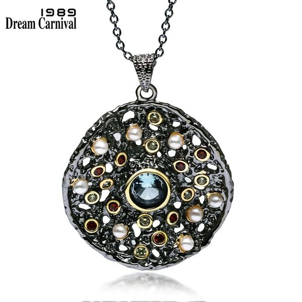 

dreamcarnival 1989 gothic jewelry black gold color pendant chain necklace women mixed cubic zircon synthetic pearl wp6532 201013, Silver