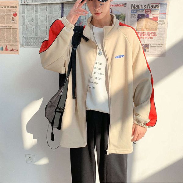 

autumn and winter cardigan casual sweater men's plush stripe loose coat fashion ins sports baseball uniform, Gray