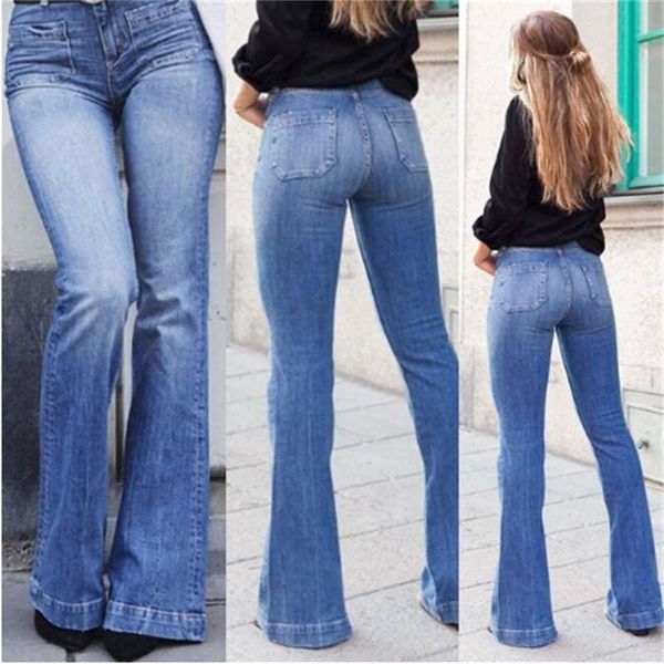 

jeans women's slim fit patch pocket high waist flared pants, Blue