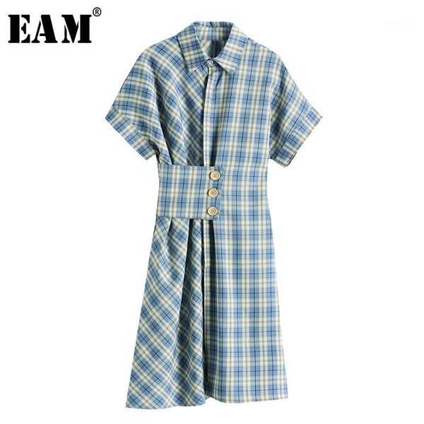 

eam] women blue plaid pleated irregular shirt dress new lapel short sleeve loose fit fashion tide spring summer 2020 1x7441, Black;gray