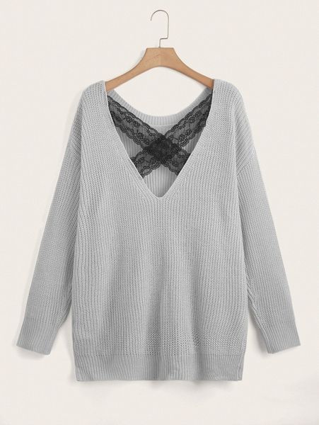 

plus contrast lace back drop shoulder sweater n3pn#, Black