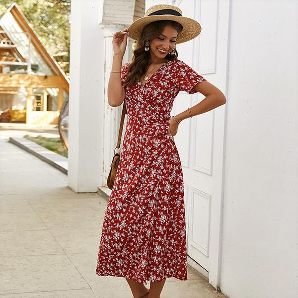 

elegant floral print boho dress women v neck short sleeve slim womens wears fashion all match ladies summer dresses with sashes, Black;gray