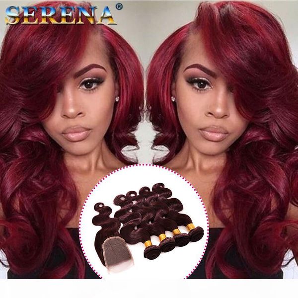 

9a brazilian burgundy with lace frontal closure 4x4'' body wave #99j wine red loose wave human hair bundles body wave hair weaves, Black;brown