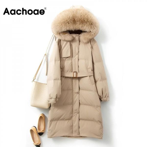 

aachoae fashion long hooded parka women fur collar cotton padded jacket solid long sleeve sashes chic coat outwear winter 2020, Black