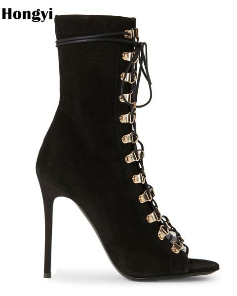 

hongyi new fashion women black open toe boots high heels ankle boots buckle straps booties spike heel zipper women shoes botas