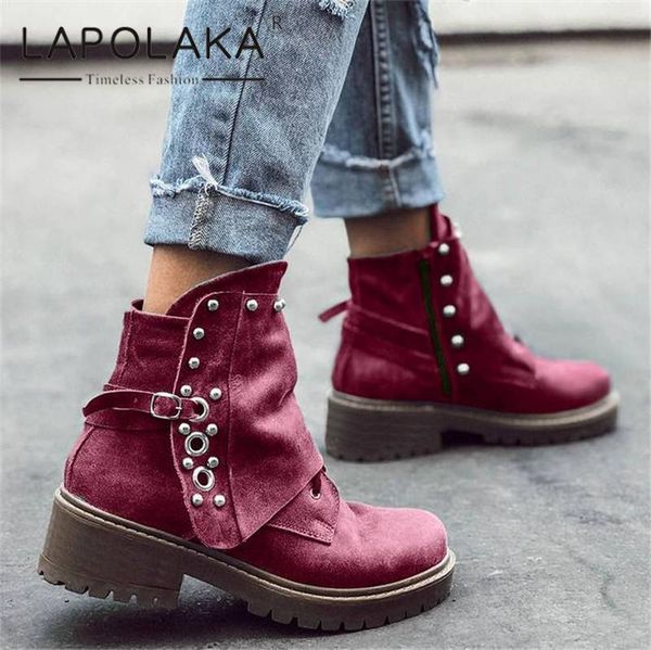 

lapolaka 2021 western boots women shoes chunky heels platform buckle decoration concise ins ankle booties female, Black