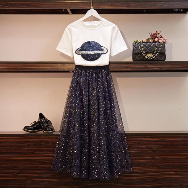 

2019 summer suit set women short sleeve sequined planet t-shirt + gilding sequins mesh maxi skirt set runway two-piece1, White