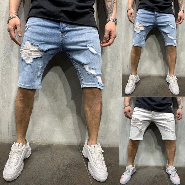 

new short men's zipper pocket denim cotton multi-pocket shorts ripped jeans fashion pant men clothing, Blue