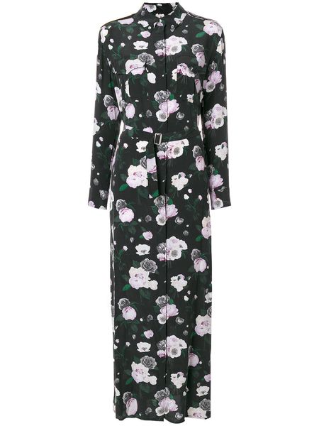 2020 Flores 100% Seda Longa Mangas Defesa Collar Floral Impressão Floral com Pocket Sash Piso Comprimento Senhora Vestido Moda Blusa Camisas S102