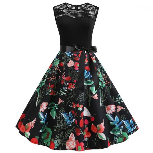 

floral print women summer dress 2019 black patchwork lace dress vintage holiday vestidos plus size sleeveless slim sundress1, Black;gray