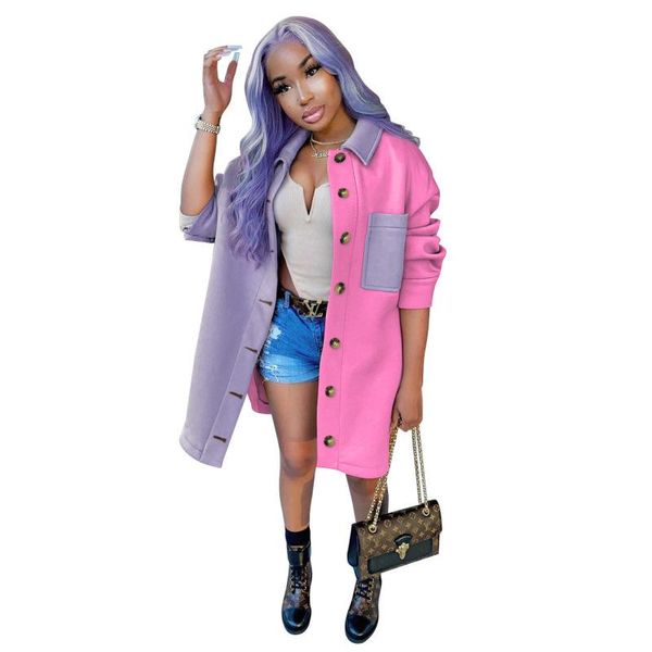 

trench coat woman turn-down collar long sleeve woollen patchwork trench outerwear womens oversized coat, Black