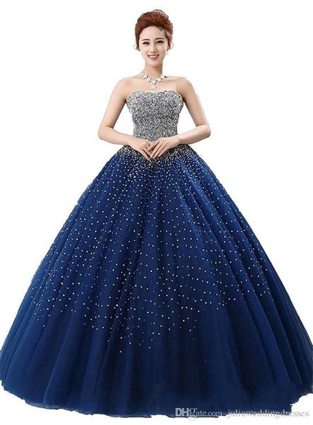 2021 Elegante Quinceanera-Kleider mit blauen Perlen, Perlenkristalle und Pailletten, bodenlang, süßes 16-Jahre-Abschlussball-Festzug-Kleid Q57