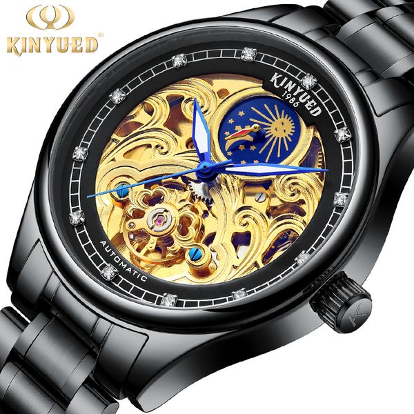 

european and american fashion high-end selling new type jinyueda kinyued hollow automatic mechanical watch tourbillon luminous mens wat, Slivery;brown