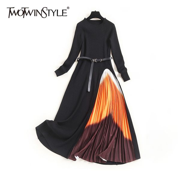 

twotwinstyle vintage irregular printed dress for women o neck long sleeve high waist with sashes midi dresses female fashion new lj201203, White;black