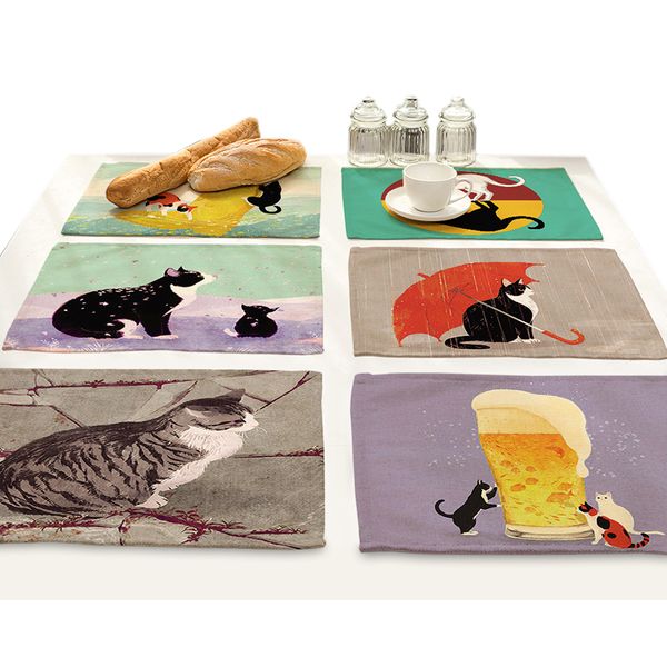 Desenhos animados animal algodão linho pano arte isolação alimentos tapete bonito gato cerveja impressão placemat para mesa de jantar bebida coasters conjunto t200703